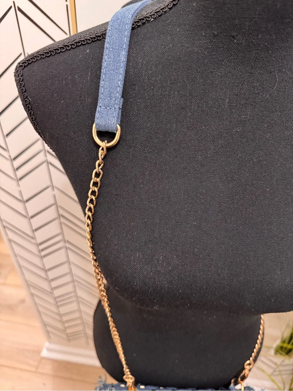 Quilted Denim Studded Fringe Crossbody Shoulder Bag